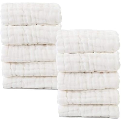 Baby Muslin Washcloths- Natural Cotton Wipes - Soft Newborn Face Towel for Sensitive Skin- Registry as Shower, 10 Pack 12x12 inches by MUKIN (White)