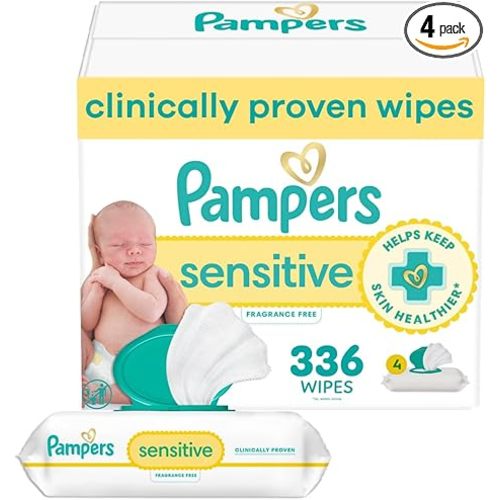 Pampers Baby Wipes, Sensitive, Water Based Wipe, Clinically Proven, Hypoallergenic, and Unscented for Babies, 336 Wipes Total (4 Flip-Top Packs)