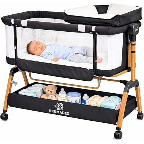 Baby Bassinet Bedside Sleeper – 3-In-1 Multifunctional Design, 6 Adjustable Heights, Breathable Mesh Sides, Comfortable Mattress, with Extra Diaper Bed - Mosquito Net and Toy – Astm Certified, Gray | Safe & Stable Frame