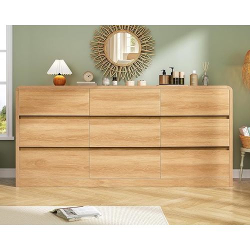 TEENFON 9 Drawer Dresser for Bedroom, 63" Wide Dressers & Chest of Drawers with Curved Profile Design, Wood Closet Storage Dressers Organizer for Bedroom, Living Room, Natural