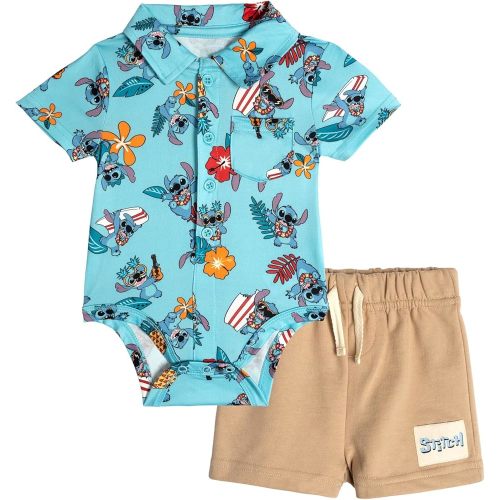 Disney Baby Hawaiian Button-Down Bodysuit and French Terry Shorts Outfit Set Newborn to Infant Sizes (Newborn - 24 Months)
