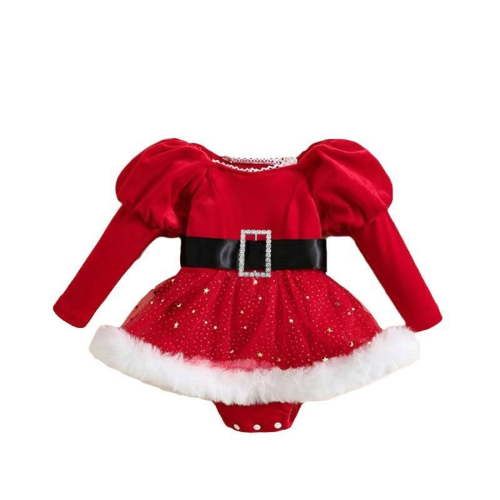Atogsazn My First Christmas Baby Girl Outfit Newborn Furry Santa Outfit Cute Print Dress Romper Winter Clothes 01-Red 1-3 Months