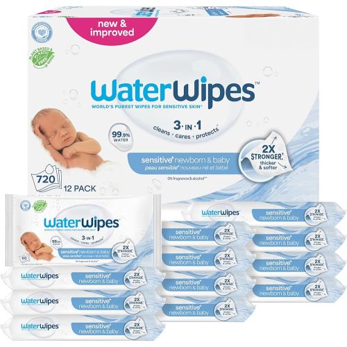 WaterWipes Sensitive+ Newborn & Baby Wipes, 3-In-1 Cleans, Cares, Protects, 99.9% Water, Unscented & Hypoallergenic, 720 Count (12 Packs)