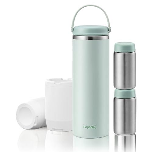 Papablic Innovative 360 CapsuleChill Breastmilk Cooler for 36H Safe Storage, 20oz Stress-Free Portable Breast Milk Chiller with 2pcs Stainless Steel Baby Bottles for Work & Travel, Mint Green