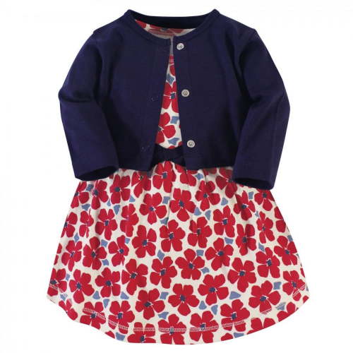 Touched by Nature Baby and Toddler Girl Organic Cotton Dress and Cardigan 2pc Set, Red Flowers, 6-9 Months