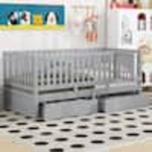 Harper & Bright Designs Detachable Gray Twin Size Wood Daybed with Fence Guardrails, 2-Drawer, Split into Independent Floor Bed and Daybed QMY241AAE-T