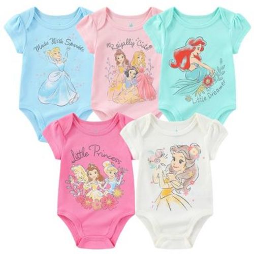 Disney Baby Girl's Princesses Snow White, Cinderella, Belle, Ariel, Aurora 5 Piece Graphic Printed Bodysuit Creeper - Multicolor