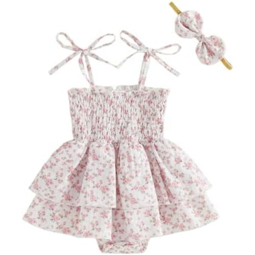 Newborn Infant Baby Girl Summer Outfit Sleeveless Strap Romper Dress Floral Onesie with Headband 2Pcs