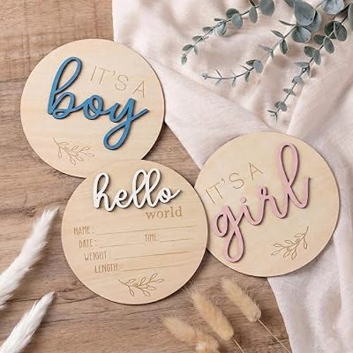 Gender Reveal Sign for Baby Birth: 3Pcs It's A Boy Girl & Hello World Announcement Sign for Hospital - Wooden Newborn Welcome Board for New Boys and Girls