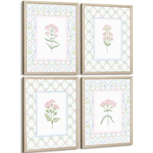 Nursery Flower Wall Art Girl Wildflower Canvas Wall Decor Pink Blue Floral Prints Baby Girl Flower Poster Pictures Nursery Floral Artwork Pastel Botanical Painting for Girl Room 12x16x4 Inch Framed