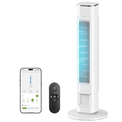 MORENTO Smart Tower Fan with Remote, WiFi/App/Voice Control, 25dB, White | 36-Inch, 25ft/s Standing Fan, 25dB Ultra Quiet, 4 Modes, 4 Speeds, 12H Timer, 90° Oscillating Fan for Bedroom and Office