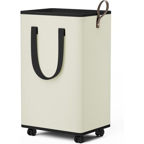 Laundry Basket with Wheels, Collapsible Laundry Baskets, Laundry Hamper with Handles Detachable Wheels, Rolling Laundry Basket, Dirty Clothes Hamper for Bathroom, Dorm, Bedroom, Cream, 80L