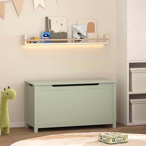 Kids Toy Box Chest, Large Wooden Storage Trunk Bench with Safety Hinged Lid for Ages 3+ Sage
