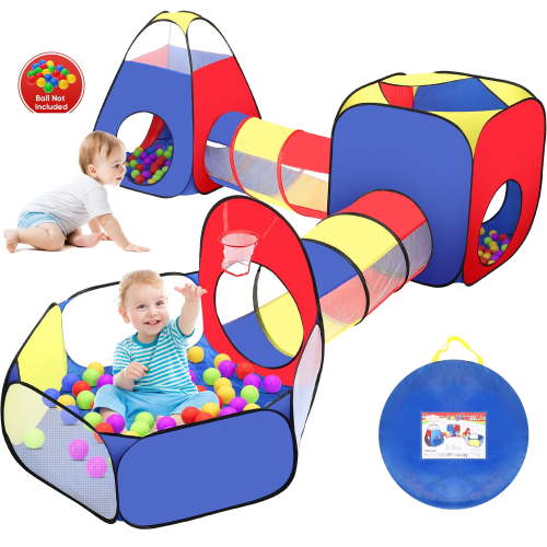 Yexmas 5-in-1 Kids Play Tent, Ball Pit for Toddlers, Basketball Hoop, 2 Tunnels, Pop-Up Playhouses