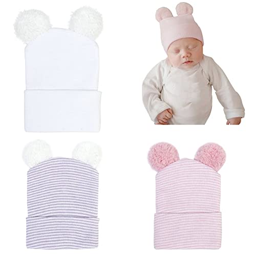 Newborn Baby Hat Infant Caps Baby Boy Girl Toddler Hospital Hats Bow Double Layer Knit Beanie Cap for 0-3 Months