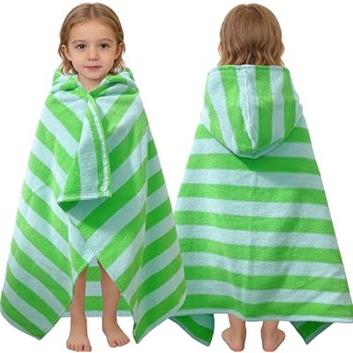 VOOVA & MOVAS Toddler Hooded Bath Towels 0-3T, 25''X40, Soft | Thick | 100% Cotton | Absorbent Towel Wrap for Baby, Perfect for Beach, Pool, Bath, Swimming,Green Stripe