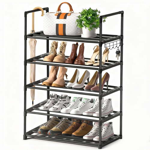 5 Tiers Shoe Rack with Hook, Stackable Shoe Organizer Storage for Shoe and Boot, Shoe Shelf for Closet, Entryway, Dorm, Garage