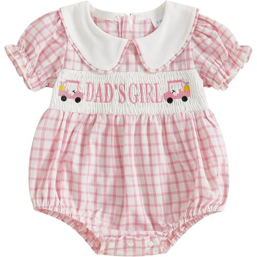 Bonangber Newborn Baby Girl Summer Clothes Letter Lapel Collar Plaid Romper Smocked Bodysuit Cute Mothers/Fathers Day Outfit