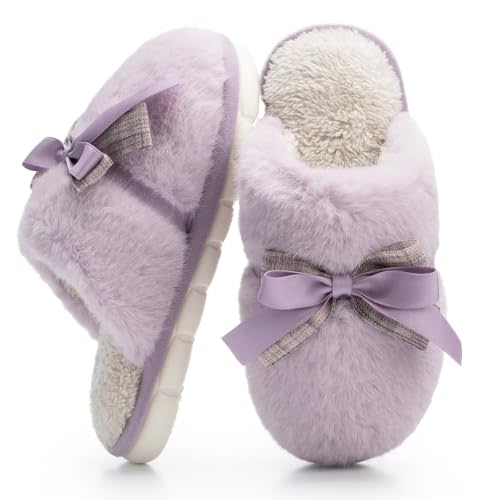Cute Women's Memory Foam House Slippers- Fuzzy Plush Cozy Shoes with Bow | Fluffy Faux Fur, Anti-Skid Sole Indoor/Outdoor Gifts for Women, Mom, Ladies