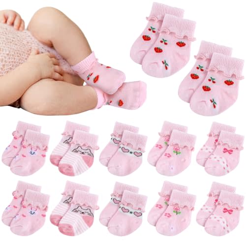 Toulite 12 Pairs Preemie Newborn Baby Ankle Socks Ruffle Turn Cuff Cotton Non-slip Warm Socks for Girls and Boys Infant
