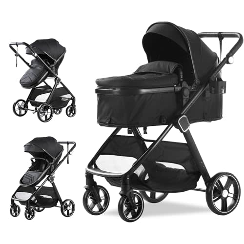 Trenana 2 in1 Baby Stroller,High Landscape Infant Stroller,Reversible Bassinet Stroller,Adjustable Backrest & Canopy,Foldable Aluminum Alloy Anti-Shock for Newborn (620-Black)