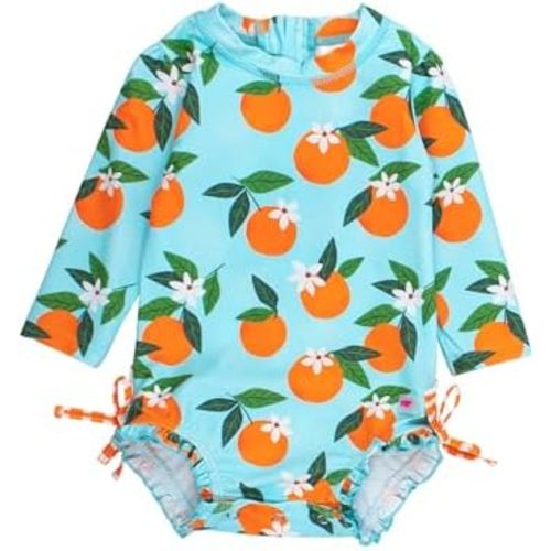 RuffleButts Baby Girls UPF 50+ Sun Protection Floral Printed Long Sleeve One Piece Rash Guard Swimsuit with Zipper