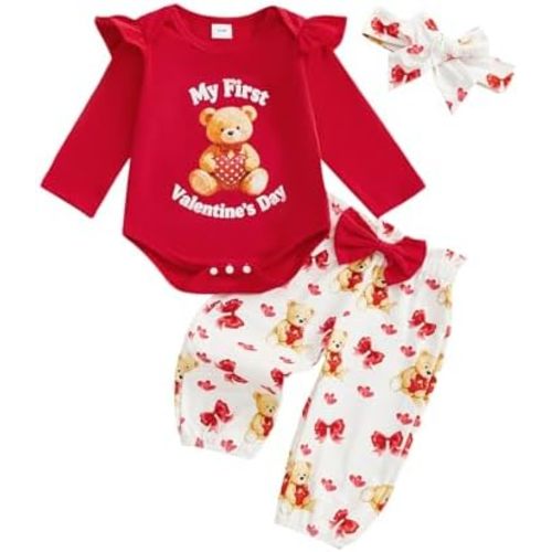 Newborn Infant Baby Girl Valentines Day Outfit My First Valentines Day Ruffle Long Sleeve Romper Hearts Pants Set