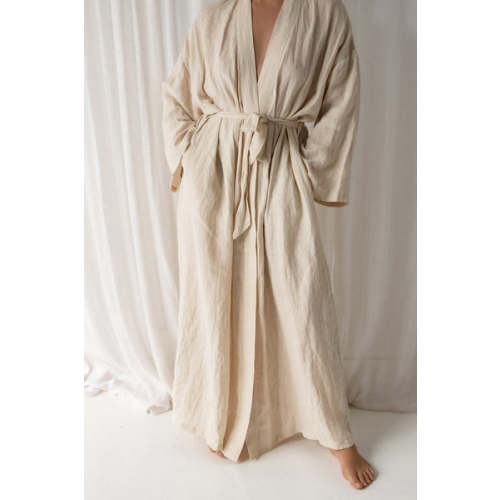 Linen Bathrobe Maxi-Length - Stone