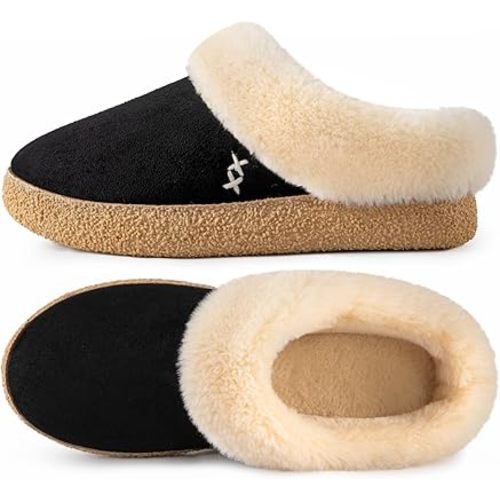 EverFoams Women's Microsuede Slippers Comfy Memory Foam Non-slip Indoor House Shoes with Fuzzy Collar