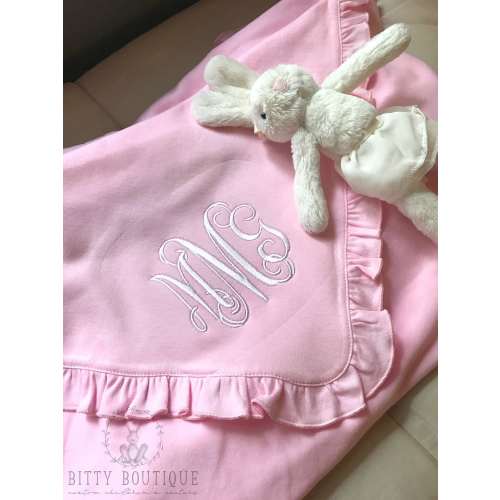 Pink Monogrammed Ruffled Cotton Baby Blanket