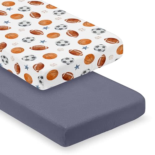 Sweet Jojo Designs 2-Piece Muslin Crib Sheets (Sports Theme) for Baby Boys, Infant Nursery, Toddler Room - Standard Size 100% Cotton Sheet Set (Solid Blue, Soccer Football Star, Baseball, Basketball)