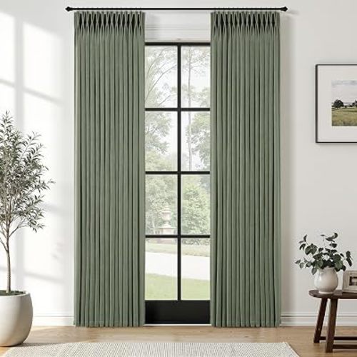 Sage Green Linen Pinch Pleated Curtains 84 Inches Long 2 Panels Semi Sheer