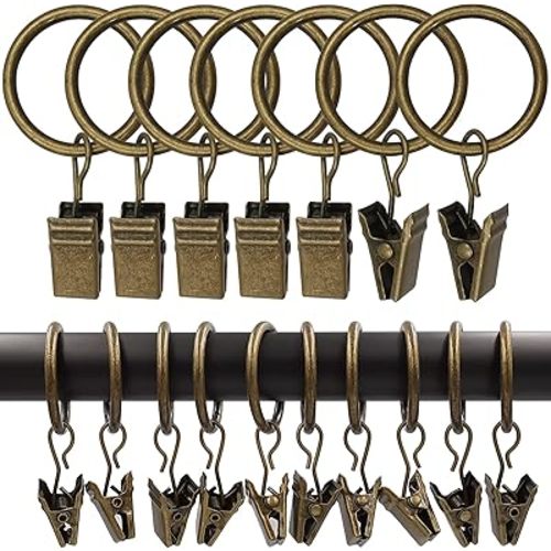 100 Pack Curtain Rings with Clips, Curtain Clip Rings Hooks, Bow Hanger Clips for Hanging Drapery Drapes Bows, Ring 1 inch Interior Diameter, Fits up to 5/8" Rod, Bronze