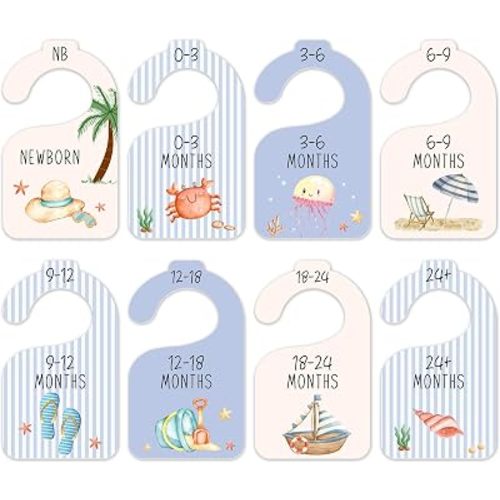 Sea You Soon Baby Closet Dividers, Coastal 8 Pack Double Sided Nursery Organizer From Newborn to 24 Months, Beach Clothes Size Hanger Separators for Boys Girls -12