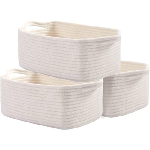 OIAHOMY Cotton Rope Baskets, Woven Baskets for Storage, Nursery Storage Baskets, Decorative Storage Bins, Rectangle Storage Basket with Handles, Storage Baskets for Shelves, Pack of 3, Pure and White