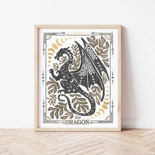 Celestial Dragon Wall Art – Mystic Posters Watercolor Boho Wall Decor Dragon Painting Fantasy Prints Tarot Wall Art Print Celestial Artwork