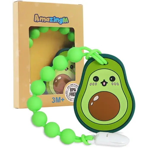 Baby Food Grade Silicone Teether Toy with Pacifier Clip Holder,Teething Toys Gift Set for 3 Months+ Boys and Girls,Freezer Safe,BPA Free. (Avocado)
