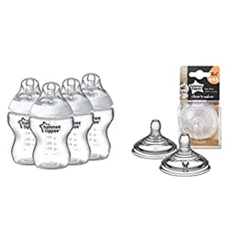 Bundle of Tommee Tippee Closer to Nature Baby Bottles Slow Flow Breast-Like Nipple with Anti-Colic Valve (9oz, 4 Count) + Tommee Tippee Closer to Nature Fast Flow Baby Bottle Nipples, 6+ Months 2pk : Baby