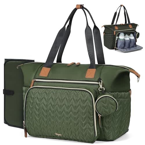 Tonyeee Diaper Bag Tote, Large Baby Diaper Bags Waterproof, Hospital Bag for Labor Delivery with Pacifier Case, Changing Pad, Shoulder Strap, Dark Green