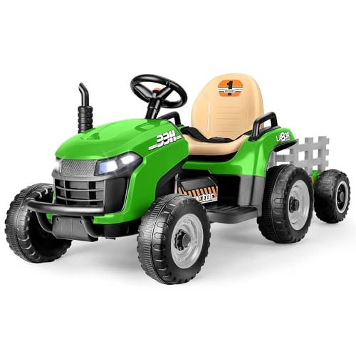 ARBELI 12V 7AH Ride on Tractor w/Tiltable Trailer & Remote Control, 2x45W Motors, Bluetooth, Music, Shifter, Electric Car for Kids Ages 2-5, Green