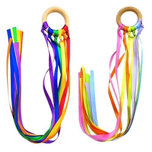 Wooden Teether by GNAWRISHING, &nbsp;(2 Pack) Colorful Ribbon Natural Wooden Baby Chewing Teether, Montessori Wooden Rings, Nature Safe Organic Wood Teether, BPA Free Infant Teething Rings for 3 Months Up