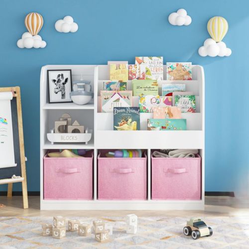 Kids Bookshelf, Multifunctional 4-Layer Children's Bookshelf With 3 Foldable Fabric Drawers, Wood Kids Toy Storage Organizer For Playroom, Nursery