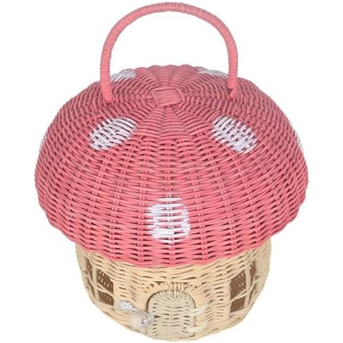 Mushroom House Basket, Kids Toy Storage, Wicker, Whimsical Fairy Tale Theme, with Handle (Pink)