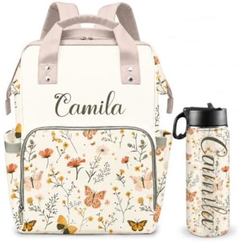 Custom Diaper Bag with Name Pink Flower Waterproof for Insulated Pockets