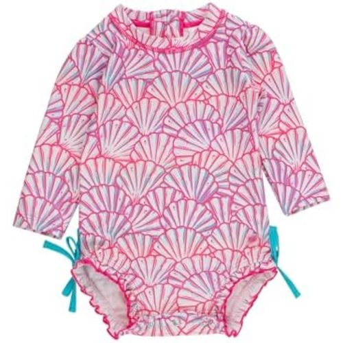 RuffleButts Baby Girls UPF 50+ Sun Protection Novelty Print Long Sleeve One Piece Rash Guard Swimsuit with Zipper