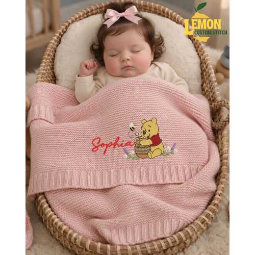 Custom Winnie the Pooh Embroidered Baby Blanket, Personalized Name Disney Honey Pooh Bear Blanket, Gift For Newborn
