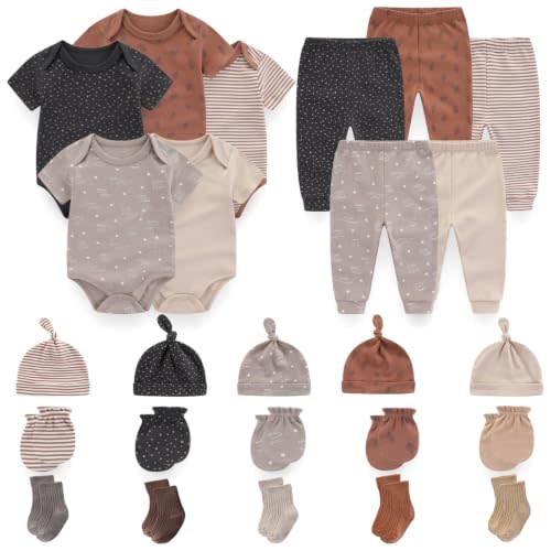 25Pcs Unisex Baby Boy Girl Pants Set Bodysuits Hats Mittens Socks | 100%Cotton Baby Layette Set,Newborn Essentials,Infant Outfit with Accessories Set,Multi Pack,Diverse Styles,Mix and Match