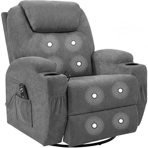 JUMMICO Small Swivel Rocker Recliner, 360 Rocking Chair Recliner with Massage, Upholstered Fabric Rocker Recliner with Cup Holder for Living Room, Bedroom, Nursery (Gray)