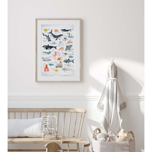 Sea Animals Alphabet Poster: Watercolor Ocean ABC Nursery Print