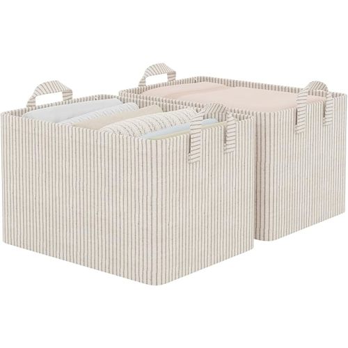 StorageWorks Storage Bins, Fabric Storage Bins for Shelves, Large Storage Baskets with Metal Frame, Closet Baskets and Bins with Handles, Khaki and Beige Stripes, 2-Pack